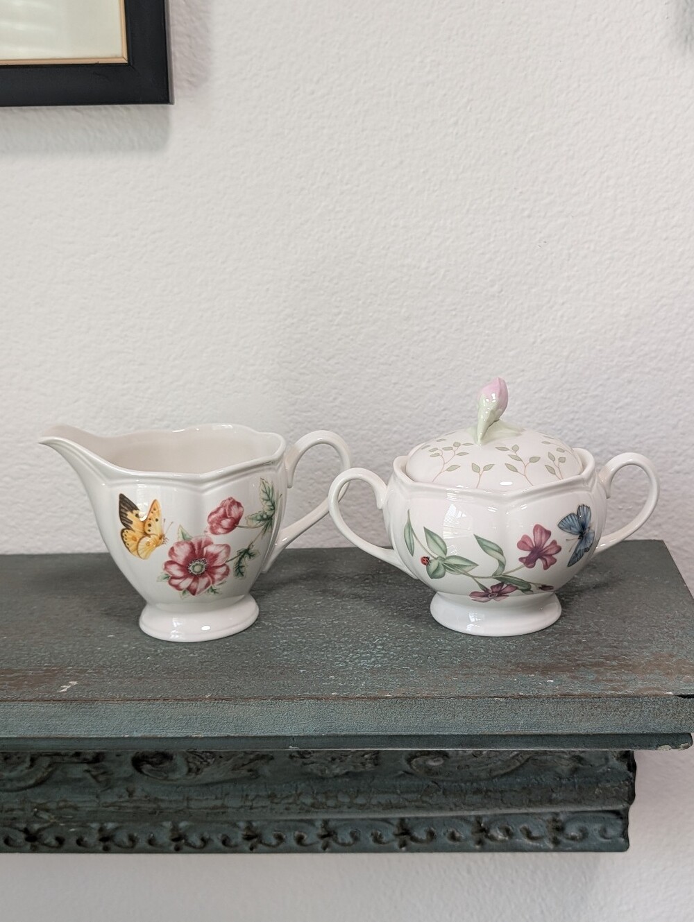 Vintage Lenox Butterfly Meadow Creamer and Lidded Sugar Louise Le Luyer Floral